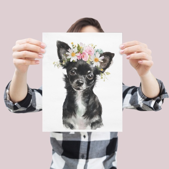 Watercolor Black Chihuahua with Flowers Portrait Wall Art Print Poster Unframed - Picture 4 of 6